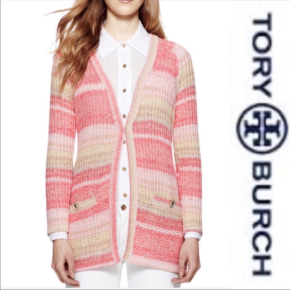 Tory Burch Pink Erin Stripe Cardigan